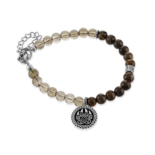 Men's Bronzite  and Smoky Quartz  Bracelet with Bear Claw Charm